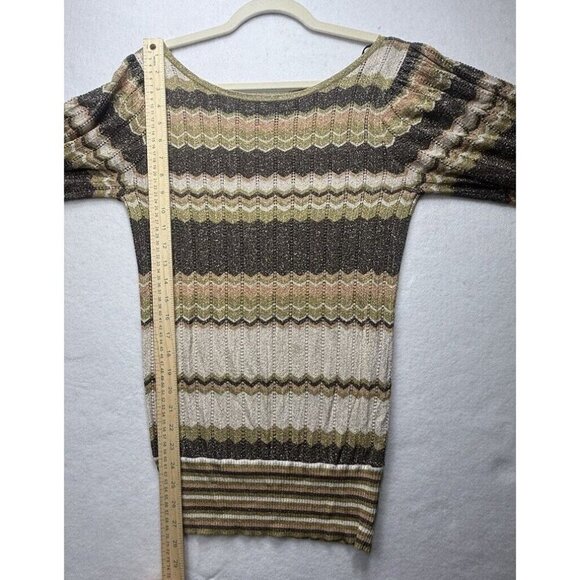 Vtg Bebe Y2K Green Brown Tan Sparkle Multi Zig Zag Scoop Neck Light Sweater Sz S - Picture 7 of 8